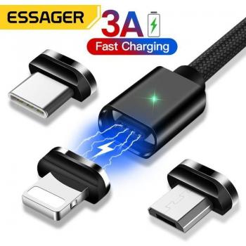 Cable USB C Magnético Essager 2m para iPhone 14, 13, 12 y Samsung Redmi - Carga Rápida y Transferencia de Datos - Color Negro