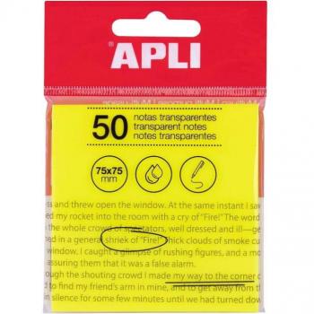 Apli Notas Adhesivas Transparentes 75x75mm Amarillas Resistentes al Agua Bloc de 50 Hojas