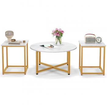 White Round Wood Coffee Table Set with 2 End Tables