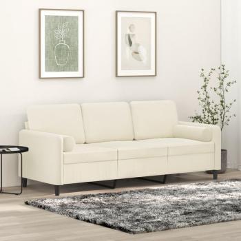 Sofá de 3 Plazas en Terciopelo Color Crema con Cojines Decorativos - 180 cm