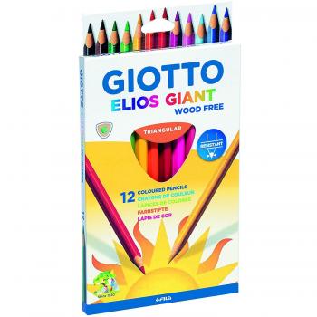 Giotto Elios Giant Wood Free Pack de 12 Lápices Triangulares Acuarelables - Sin Madera - Mina 5 mm - Colores Surtidos