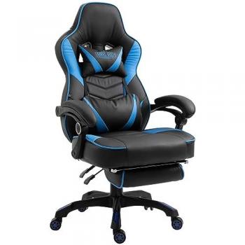 Silla Gaming Tilos en Simil Cuero Negro/Azul - Regulable en Altura y Giratoria con Repose-pies Telescópico