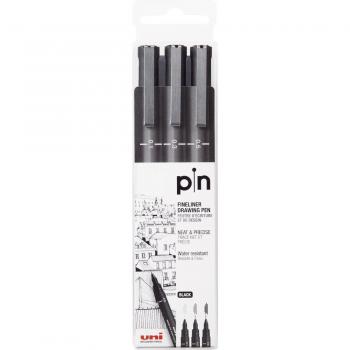 Uni Pin Fine Line Drawing Pen - Waterproof and Fade Resistant Ink, Set of 3 Black Pens, 0.2mm/0.4mm/0.8mm