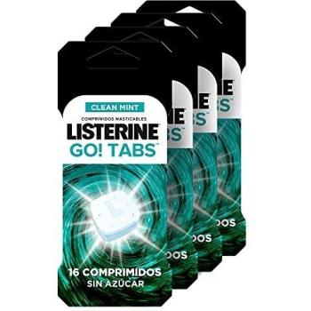 Listerine, Go! Tabs, Comprimidos Masticables Sin Azúcar, Boca Limpia y Fresca, Contra el Mal Aliento, Pack 4x16 comprimidos