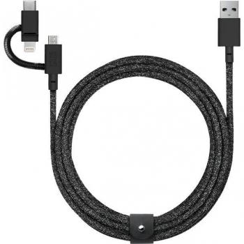 Cable USB 3 en 1 Native Union de 2 m, USB A a Lightning/Micro USB/USB C, Negro