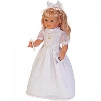 Muñeca de Primera Comunión María con mecanismo, vestido blanco plumeti y vela