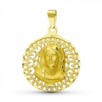 Virgen Niña Medalla Oro 18k Colgante Primera Comunión 20 mm. Cerco Calado Detalles Tallados