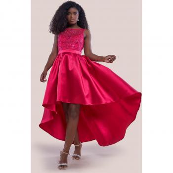 Goddiva Sequin & Satin Dipped Hem Midi Dress - Hot Pink