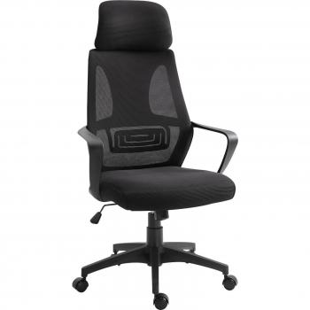 Vinsetto Silla de Escritorio Ergonómica Ajustable en Altura con Respaldo, Reposabrazos y Reposacabezas, 5 Ruedas, Soporta hasta 120 kg, Color Negro