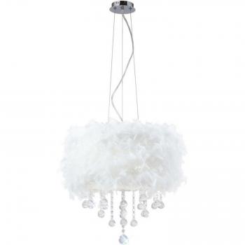 Lámpara colgante Ibis con pantalla de pluma blanca, 3 bombillas, cromo pulido y cristal