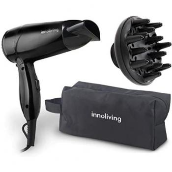 Secador de Pelo Profesional Compacto Plegable Innoliving 1600W con Botón de Aire Frío, 2 Velocidades, Difusor y Estuche Incluido, Mango Plegable, Negro
