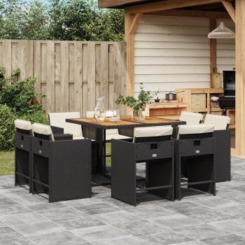 9-Piece Black Poly Rattan Garden Dining Set with Cushions