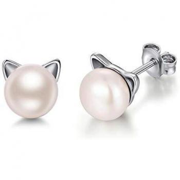 jiamiaoi Pendientes de Gato para Mujer Pendientes Mujer Plata , Pendientes con Perlas Cultivadas de Agua Dulce Pendiente de Perlas de 7,5 mm