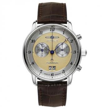 Zeppelin Friedrichshafen 8584-5 Men's Chronograph Watch, 40mm, Quartz, Leather Strap, Gold Dial, Made in Germany