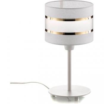 Lámpara de mesa Helen con pantalla textil blanco-dorado, pantalla redonda de 20 cm, diseño elegante y moderno