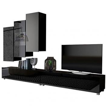Conjunto de salón Providence B131, Negro Brillante, con Mesa de TV y Accesorios Adicionales, Partes Separadas, Aglomerado Laminado, 300x43cm