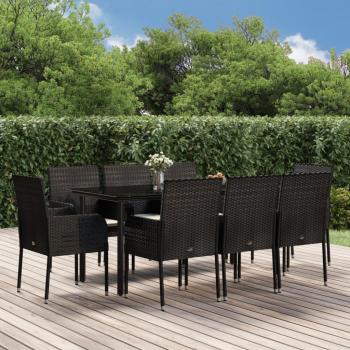 Set de Comedor de Jardín 9 Piezas con Cojines en Polirratán Negro