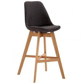 Taburete de Bar Cannes Tapizado en Tela Gris Oscuro con Respaldo y Reposapiés, Base de Madera Natural