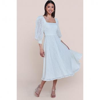 Cream Puff Sleeve Side Slit Flared Jacquard Chiffon Midi Dress