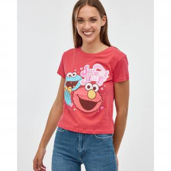 Camiseta roja de mujer de manga corta con cuello redondo y estampado de licencia de Barrio Sésamo INSIDE