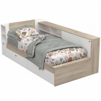 Cama Juvenil con Almacenaje Miroytengo Life Blanco y Roble Kronberg 90x190-200 cm, Melamina Blanco y Madera Claro 229x88x119