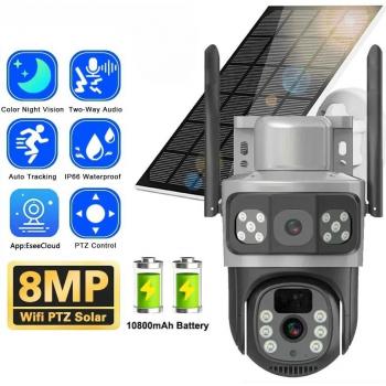 Cámara solar V380 2024 de doble lente, 3 pantallas, 8 MP, SIM 4G, CCTV inalámbrica, WIFI exterior impermeable, IP 360, monitor PTZ 4K