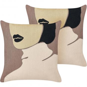 Set de 2 cojines decorativos con motivo rostro de mujer en tonos marrón y beige, 45 x 45 cm, algodón