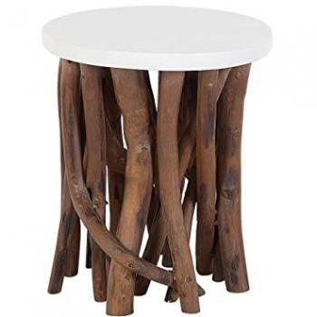 Mesa Auxiliar Redonda Blanca con Base de Ramo de Madera Oscura de Teca Estilo Boho Moderno