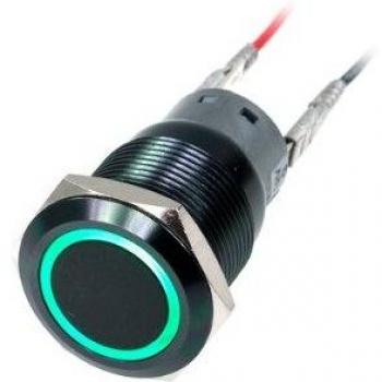 Phobya 19mm Vandalism-Proof Black Aluminum Switch with Green Illuminated Ring and 5 Pins