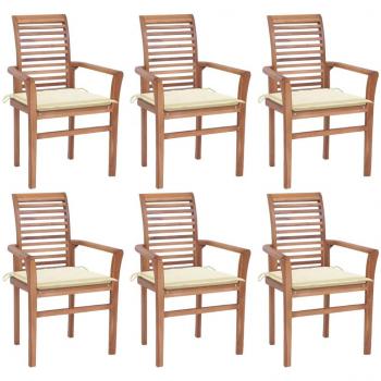 Set of 6 Dining Chairs with Cream Cushions in Solid Teak Wood
