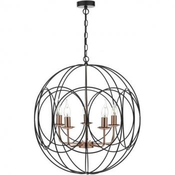 Lámpara colgante Phoenix de 5 luces en negro mate y cobre pulido, marco de alambre, compatible con bombillas E14
