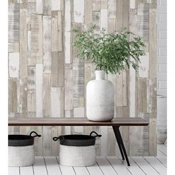 Papel Pintado Estilo Nórdico Listones de Madera Beige Gris Texturizado - Rollo de 10 m x 0,53 m