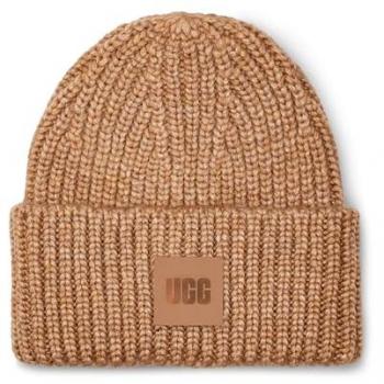 Gorro UGG W Chunky Rib Beanie con Logo Cam en color Camel, talla O/S para mujer y Guantes UGG de piel de oveja marrón para mujer, talla M