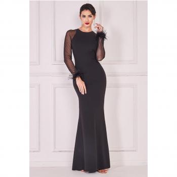 Goddiva Racer Neck Scuba Crepe Feather Sleeve Maxi - Black