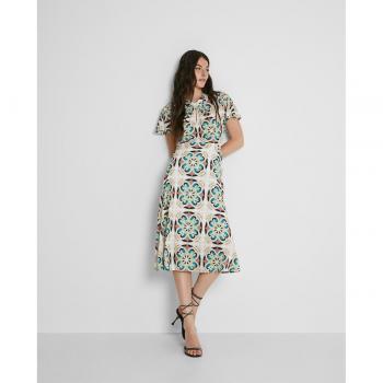 Trucco - Elegante vestido midi estampado de manga corta con cuello perkins y abertura