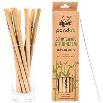 Pandoo Paquete de 12 pajitas 100% de bambú, incluido cepillo de limpieza - pajitas de beber reutilizables y ecológicas - 100% biodegradable