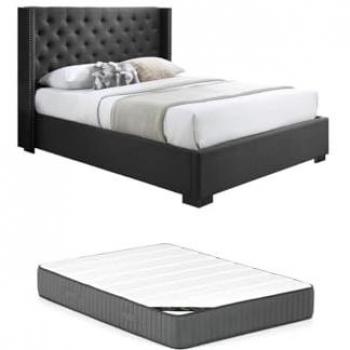 Cama con cabecero acolchado de tela gris - 140 x 200 cm + colchón Massimo