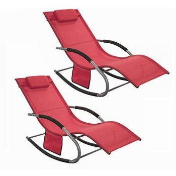 Set de 2 Tumbonas Mecedoras con Almohada y Bolsillo Lateral, Estructura de Hierro, Malla Transpirable Teslin, Soporta hasta 150 kg, Color Rojo