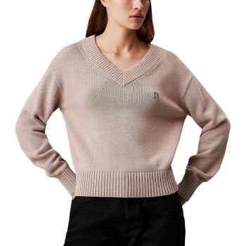 Calvin Klein Jeans Women's Beige V-Neck Knit Sweater with Logo Patch - Size M