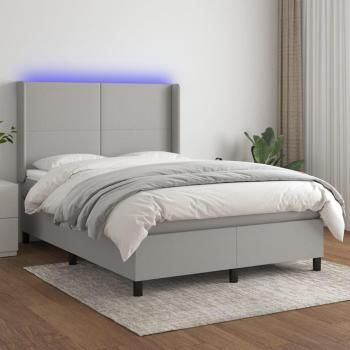 Cama box spring adulto colchón y luces LED tela gris claro 140x200 cm