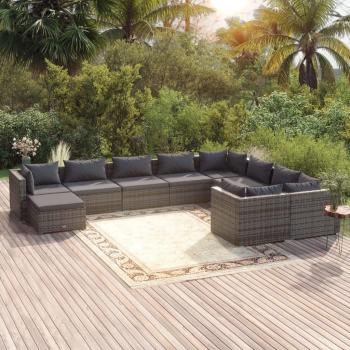 10-Piece Grey Poly Rattan Garden Lounge Set with Cushions