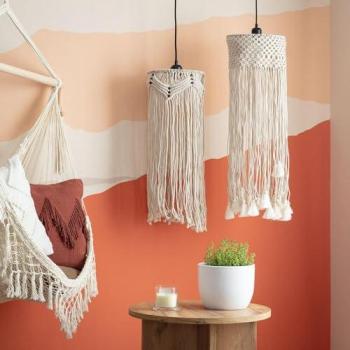 Lámpara Colgante Algodón Macramé Nanti con Flecos, Blanco Roto, Decoración para Salón, Habitación y Dormitorio