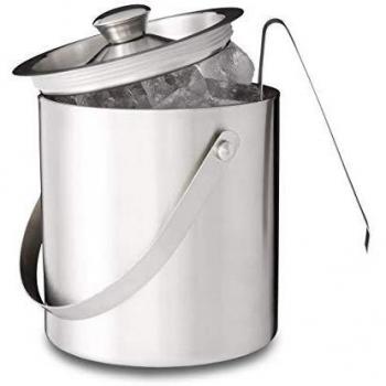 Cubitera redonda de acero inoxidable con tapa y pinzas para hielo, 1,5 L, plateada