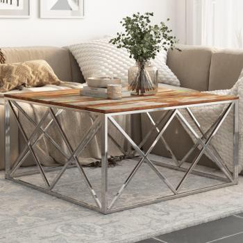 Mesa de café de acero inoxidable plateado con madera maciza reciclada