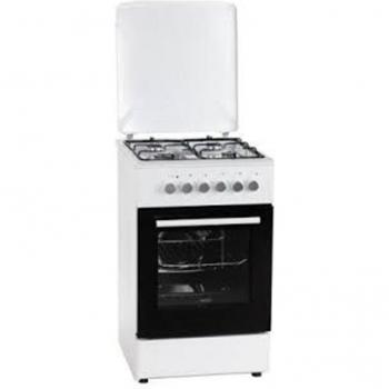 Cocina independiente MPM-54-KGM-04, 54 cm, color blanco, con horno a gas, cuatro quemadores, encendido piezoeléctrico, parrilla de hierro fundido y bandeja para hornear