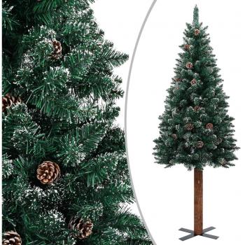 Árbol de Navidad estrecho con madera real y nieve 180 cm verde
