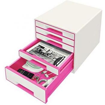 Caja de Cajones Leitz WOW CUBE, 5 Cajones (1 Grande y 4 Pequeños), A4 Maxi, Blanco/Rosa, con Tope de Extracción