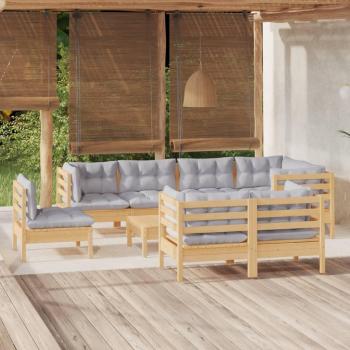 9-Piece Solid Pinewood Garden Lounge Set with Gray Cushions