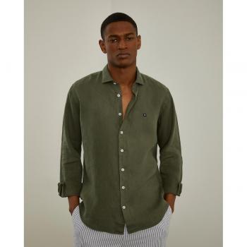 Camisa de lino para hombre Lion of Porches en corte regular con estampado liso en color kaki