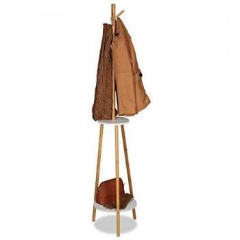 Perchero de Pie Relaxdays con 8 Colgadores y 2 Estantes, Bambú y MDF, Marrón y Blanco, 181 x 37 cm